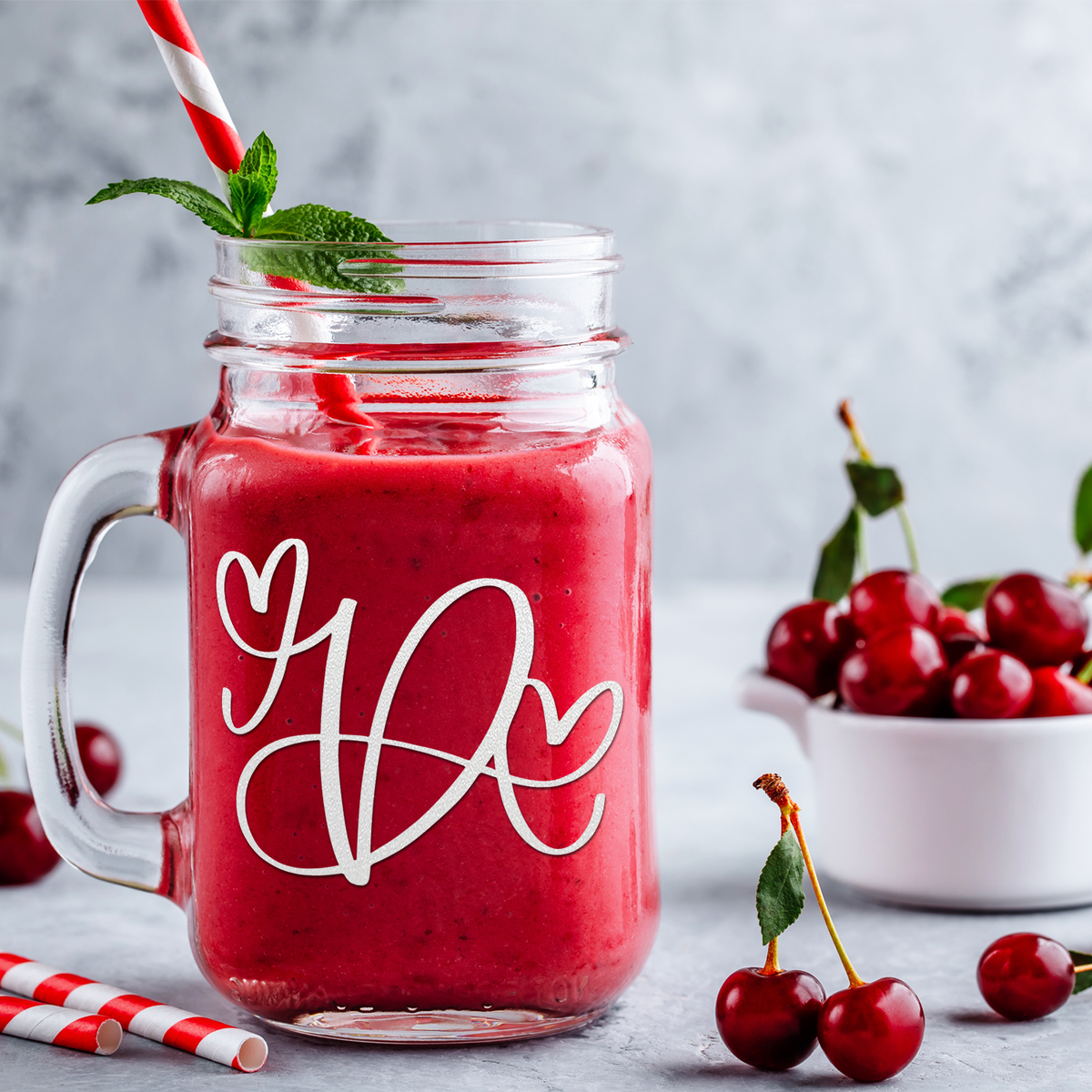  Monogram Hearts Initial Letter D Etched on 16 oz Mason Jar Glass