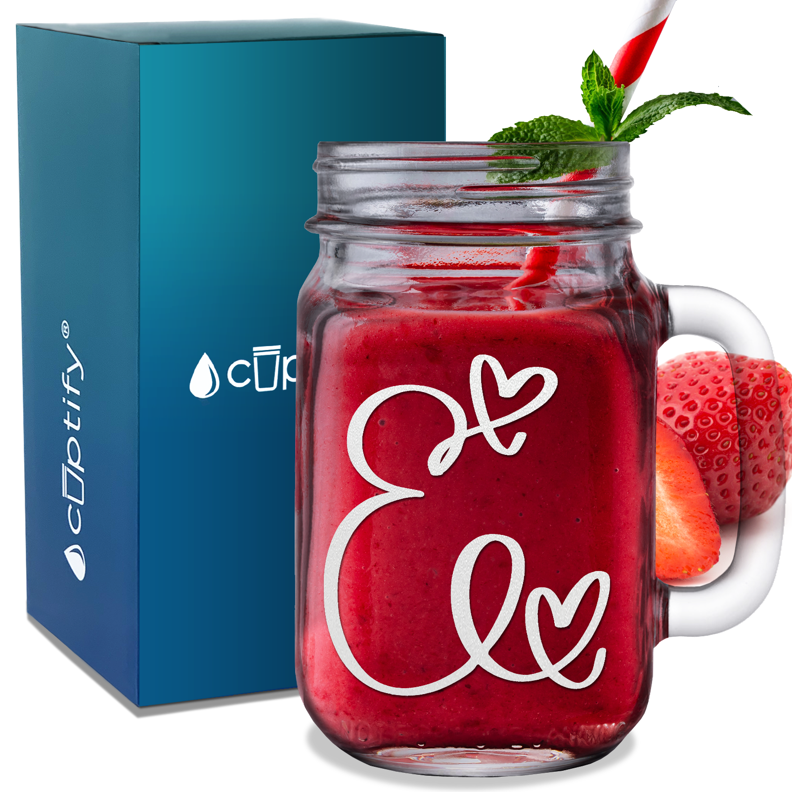  Monogram Hearts Initial Letter E Etched on 16 oz Mason Jar Glass