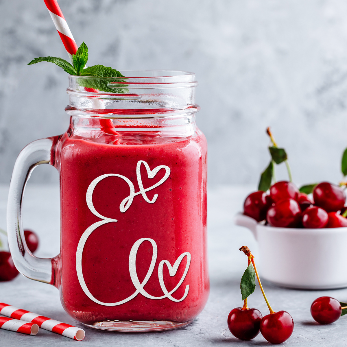  Monogram Hearts Initial Letter E Etched on 16 oz Mason Jar Glass