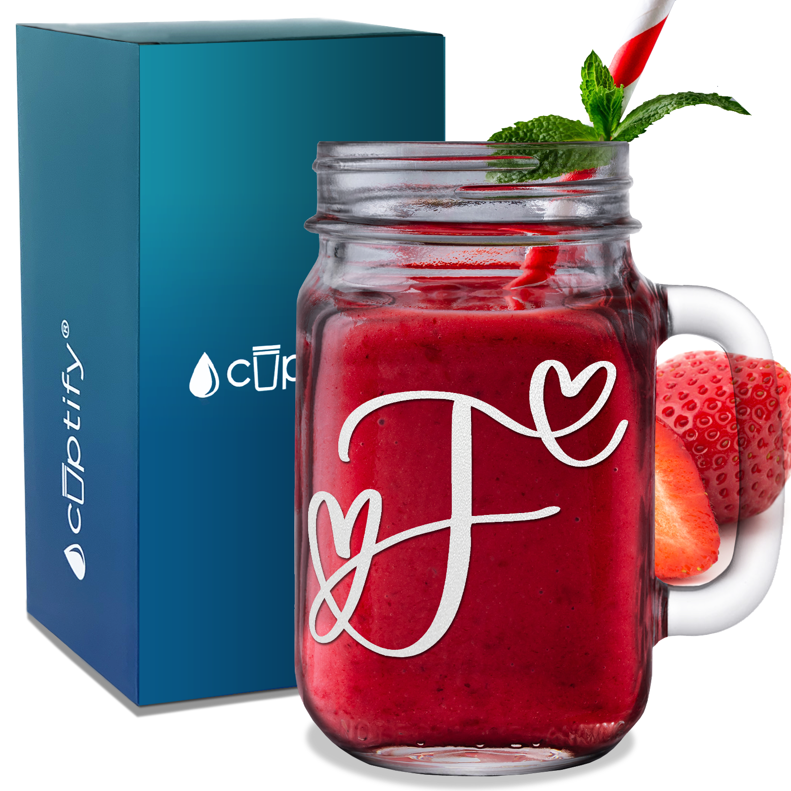  Monogram Hearts Initial Letter F Etched on 16 oz Mason Jar Glass