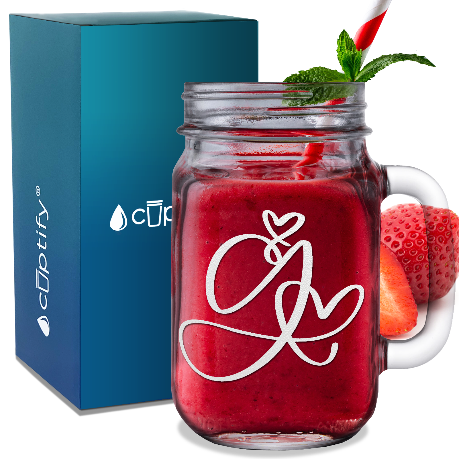  Monogram Hearts Initial Letter G Etched on 16 oz Mason Jar Glass