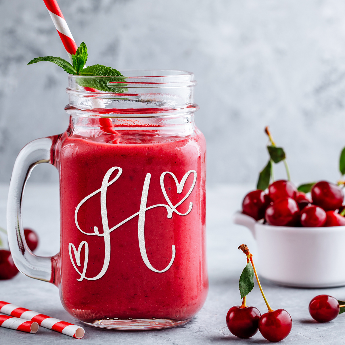  Monogram Hearts Initial Letter H Etched on 16 oz Mason Jar Glass