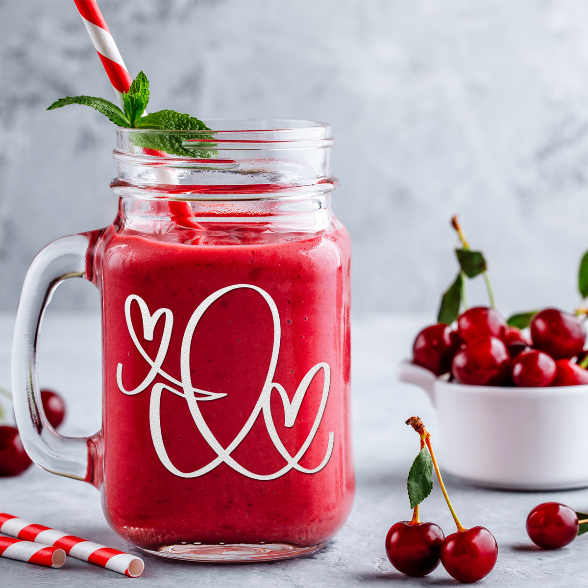  Monogram Hearts Initial Letter I Etched on 16 oz Mason Jar Glass