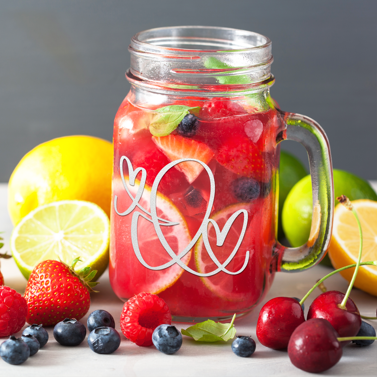  Monogram Hearts Initial Letter I Etched on 16 oz Mason Jar Glass