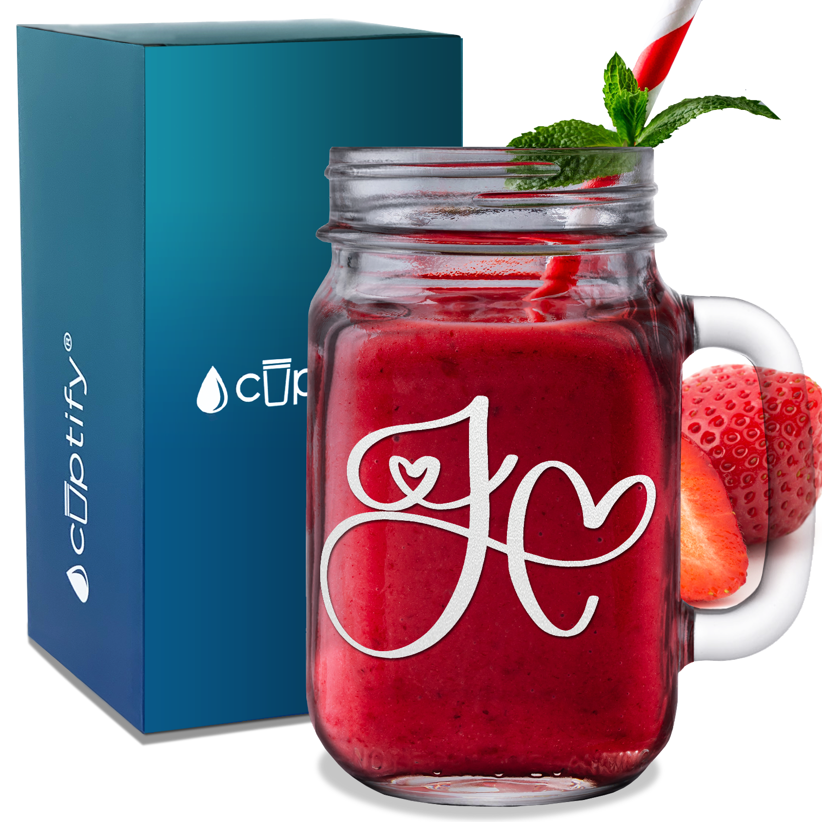  Monogram Hearts Initial Letter J Etched on 16 oz Mason Jar Glass