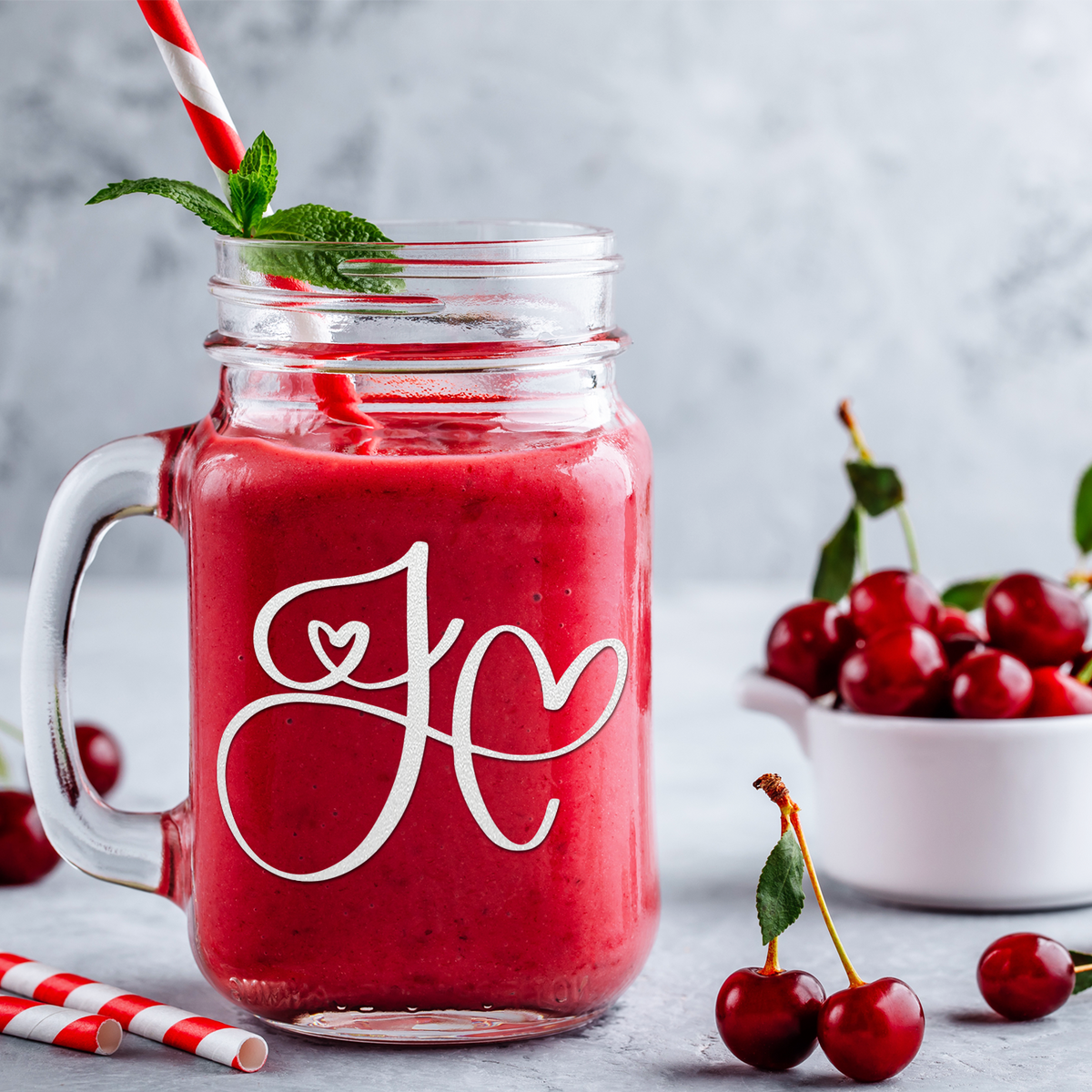  Monogram Hearts Initial Letter J Etched on 16 oz Mason Jar Glass