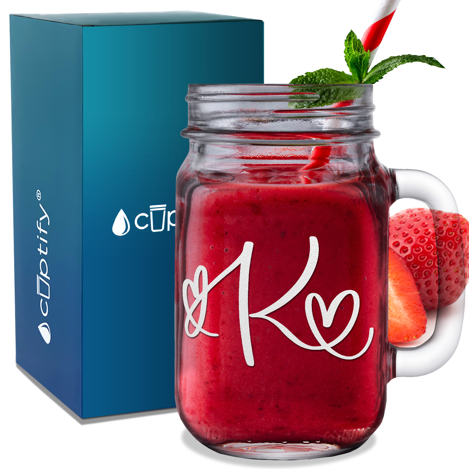  Monogram Hearts Initial Letter K Etched on 16 oz Mason Jar Glass