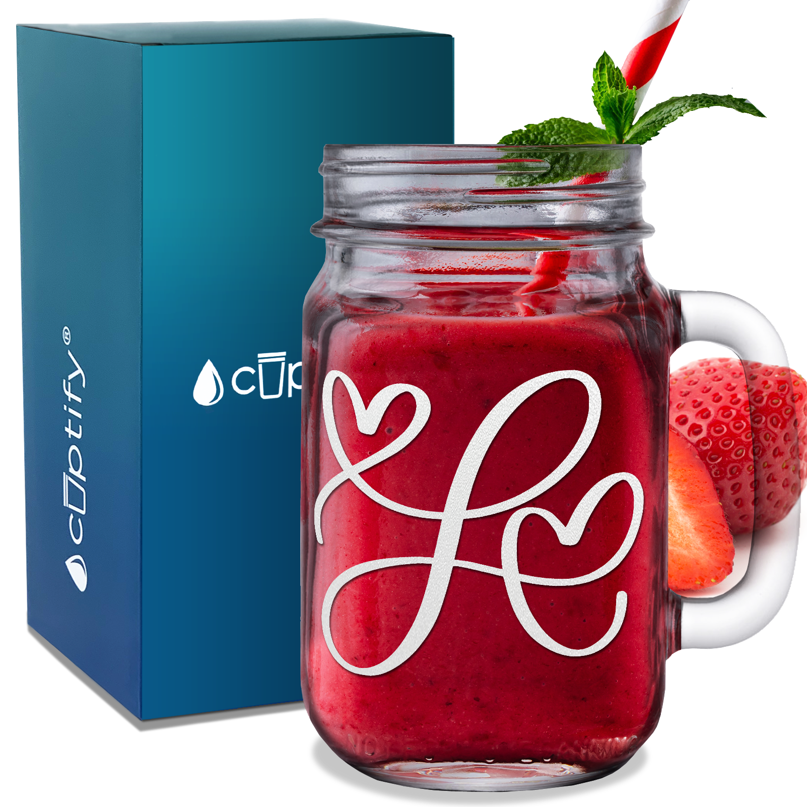  Monogram Hearts Initial Letter L Etched on 16 oz Mason Jar Glass