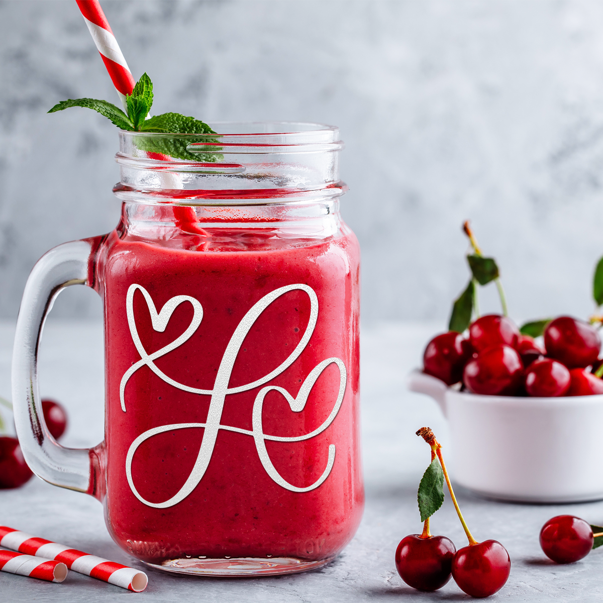  Monogram Hearts Initial Letter L Etched on 16 oz Mason Jar Glass