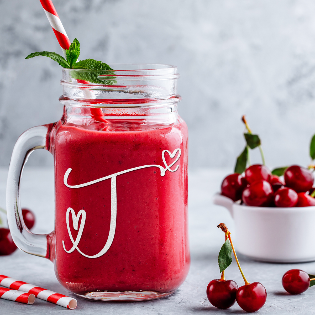  Monogram Hearts Initial Letter T Etched on 16 oz Mason Jar Glass