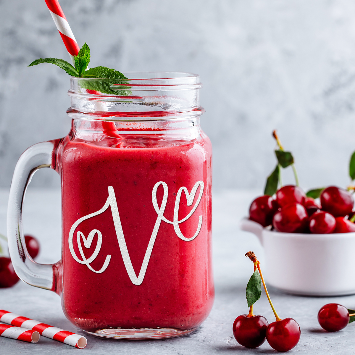  Monogram Hearts Initial Letter V Etched on 16 oz Mason Jar Glass