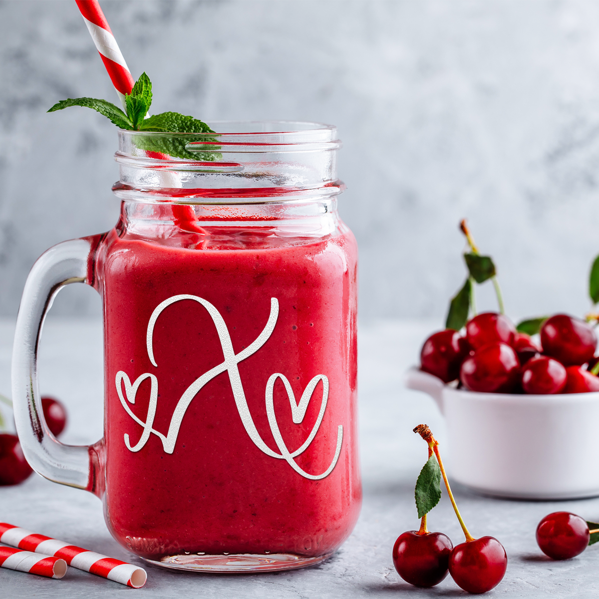  Monogram Hearts Initial Letter X Etched on 16 oz Mason Jar Glass