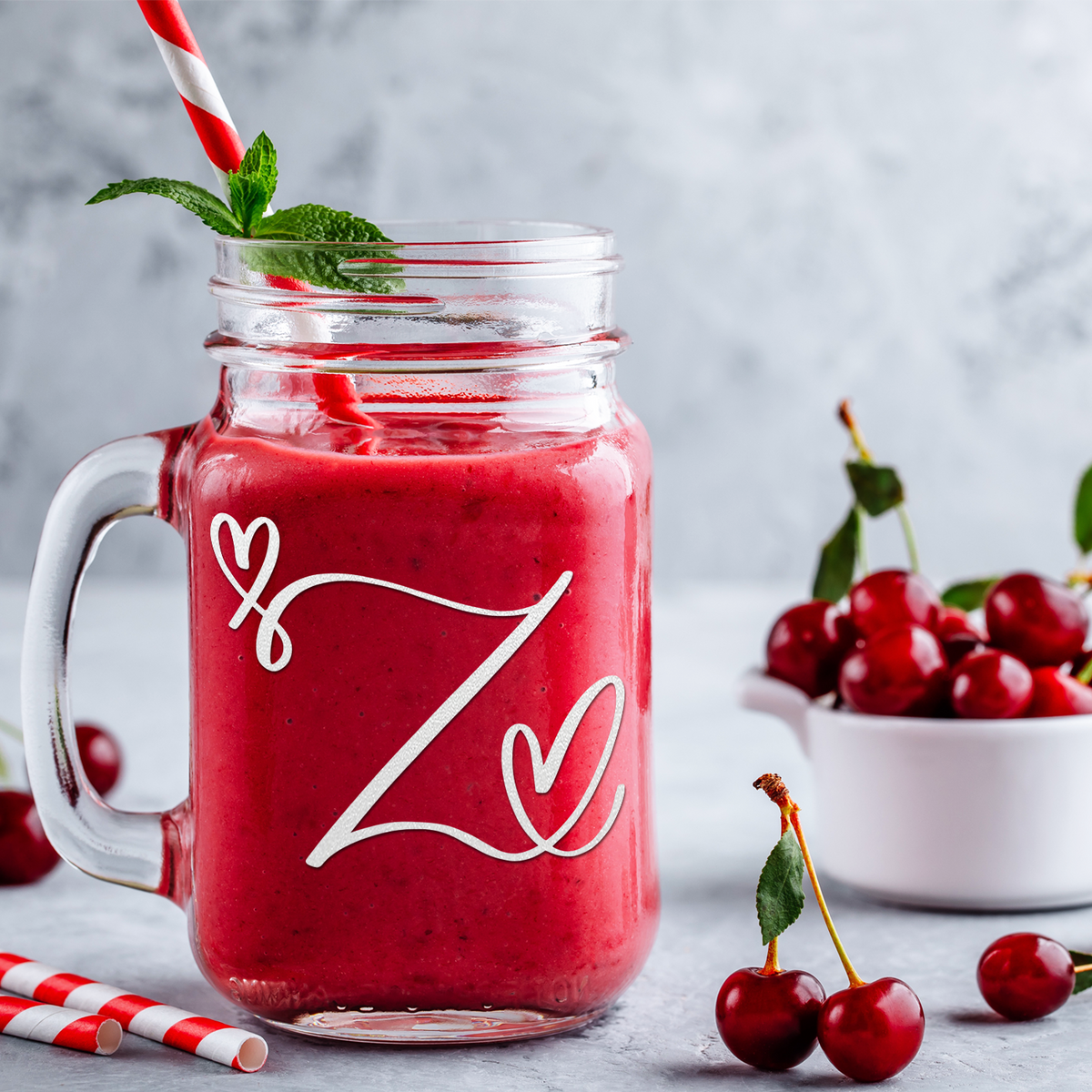  Monogram Hearts Initial Letter Z Etched on 16 oz Mason Jar Glass