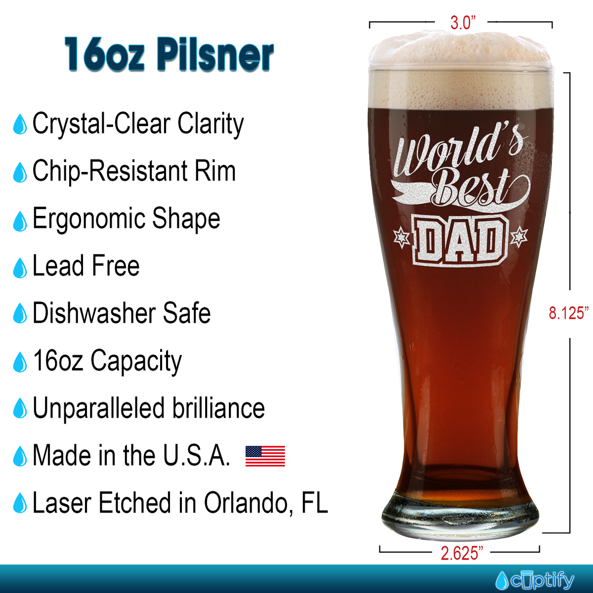 World's Best Dad Etched on 16 oz Glass Pilsner