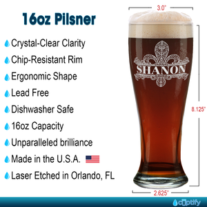Personalized Fleur de Lis Etched 16oz Beer Pilsner Glass