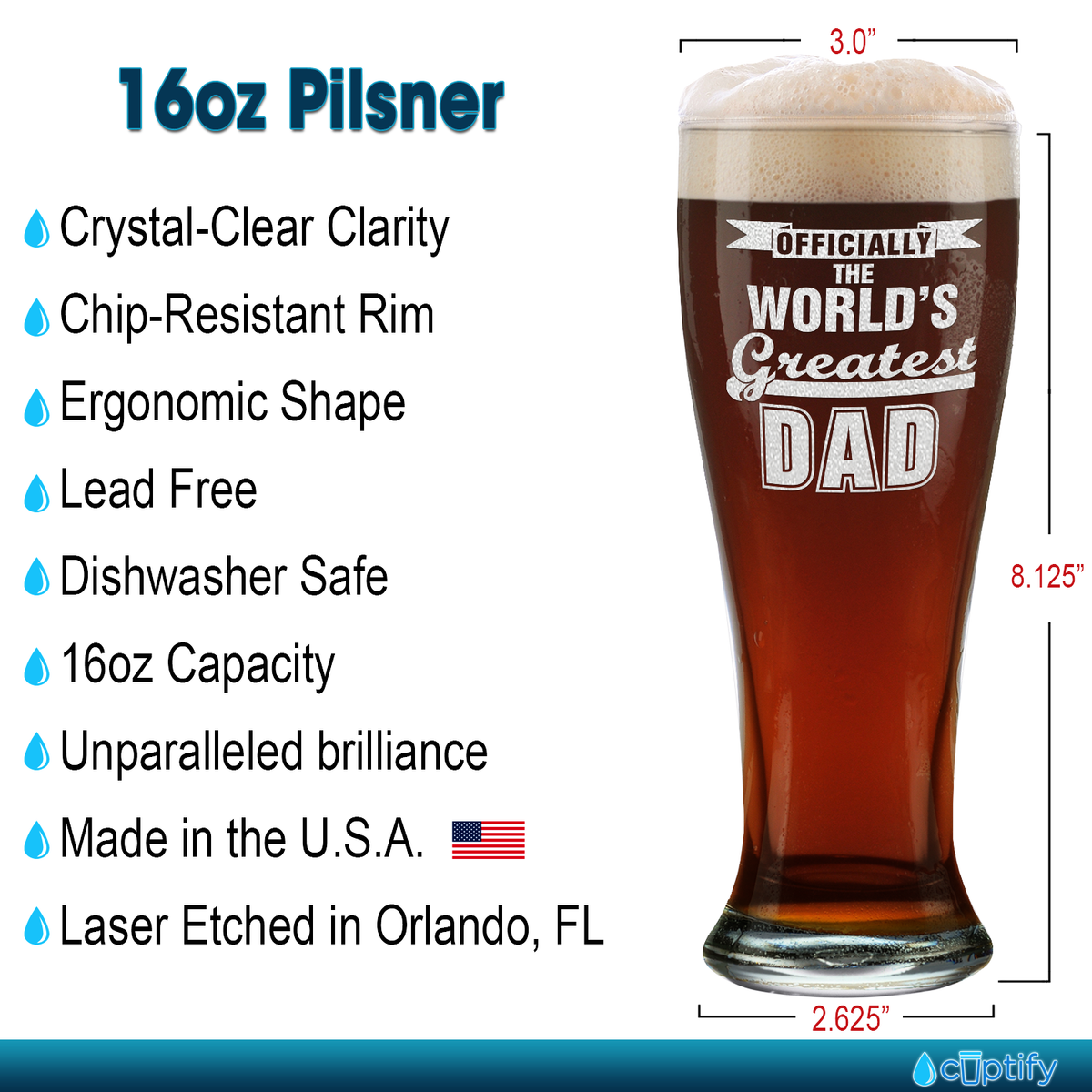Officially World's Greatest Dad Etched on 16 oz Glass Pilsner