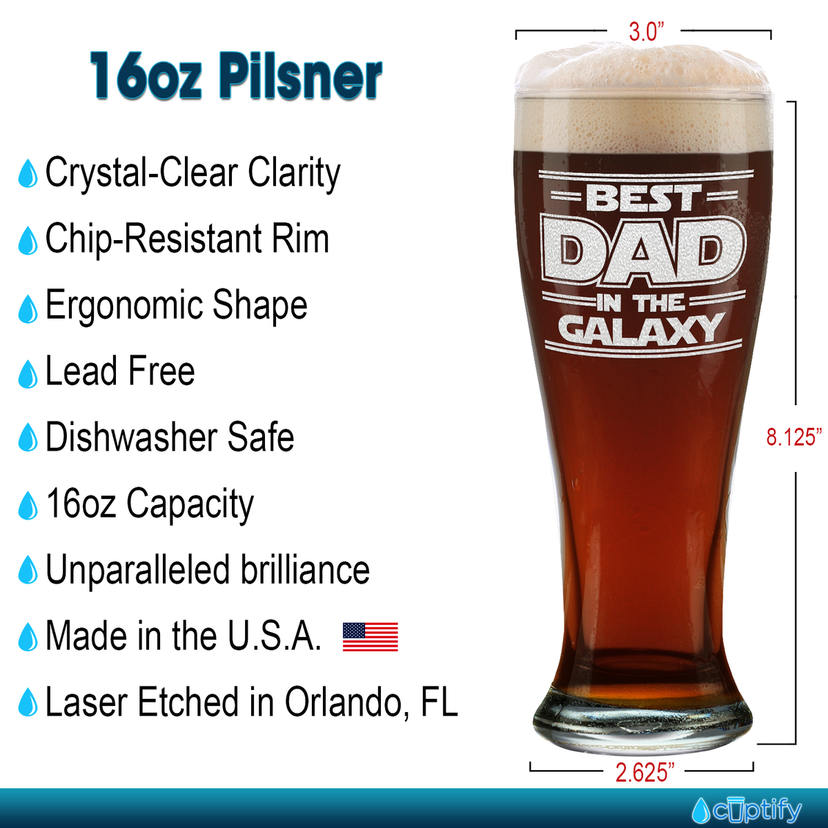 Best Dad In The Galaxy Etched on 16 oz Glass Pilsner