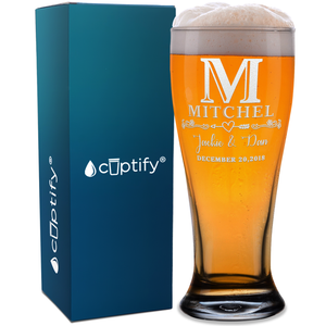 Personalized Monogram Initial and Name with Anniversary Date Etched 16 oz Beer Pilsner Glass