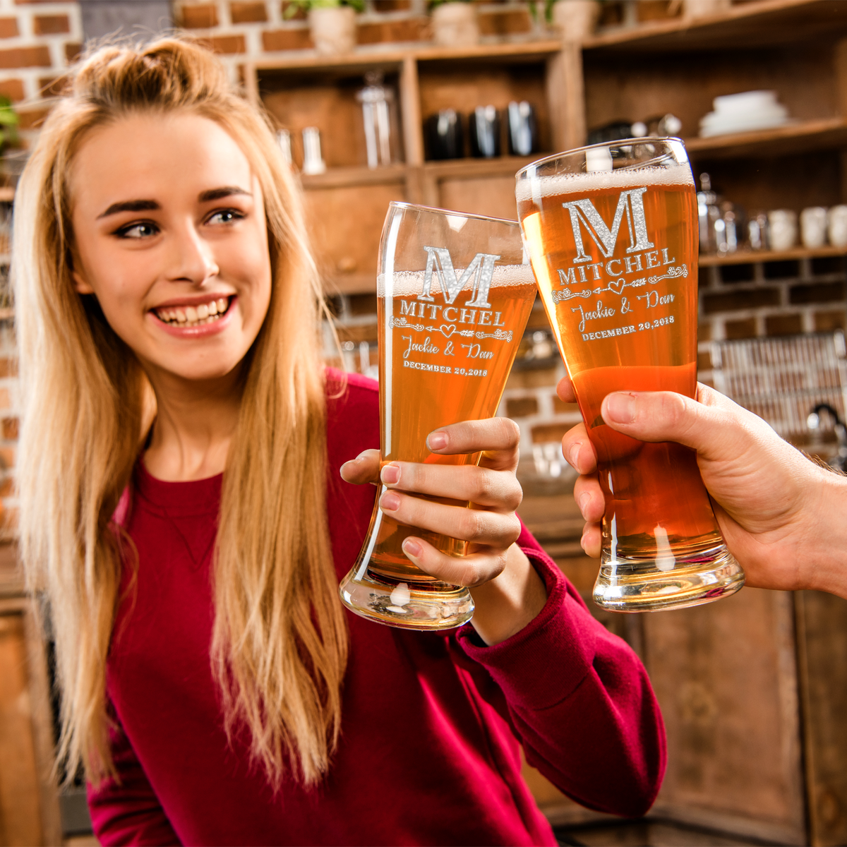 Personalized Monogram Initial and Name with Anniversary Date Etched 16 oz Beer Pilsner Glass