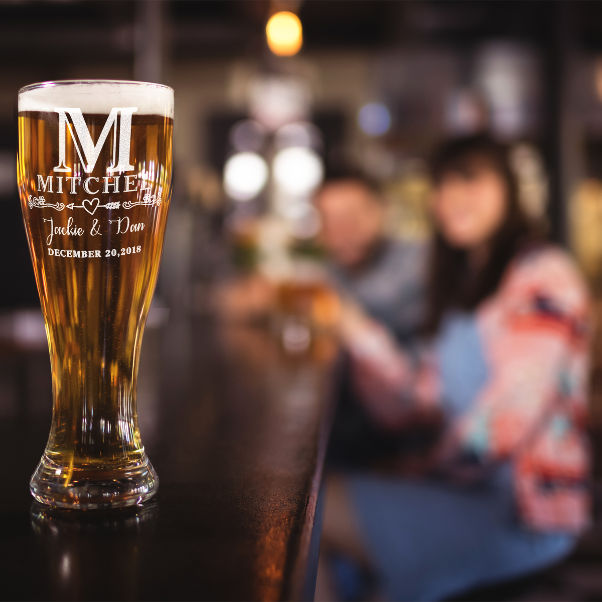 Personalized Monogram Initial and Name with Anniversary Date Etched 16 oz Beer Pilsner Glass