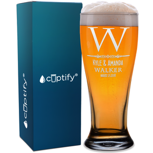 Personalized Classic Monogram Initial and Surname with Anniversary Date Etched 16 oz Beer Pilsner Glass