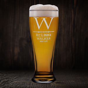 Personalized Classic Monogram Initial and Surname with Anniversary Date Etched 16 oz Beer Pilsner Glass