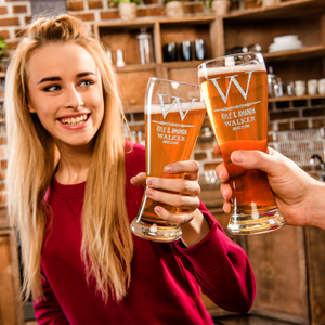 Personalized Classic Monogram Initial and Surname with Anniversary Date Etched 16 oz Beer Pilsner Glass