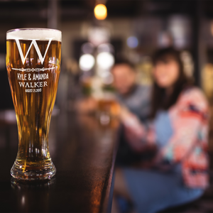 Personalized Classic Monogram Initial and Surname with Anniversary Date Etched 16 oz Beer Pilsner Glass