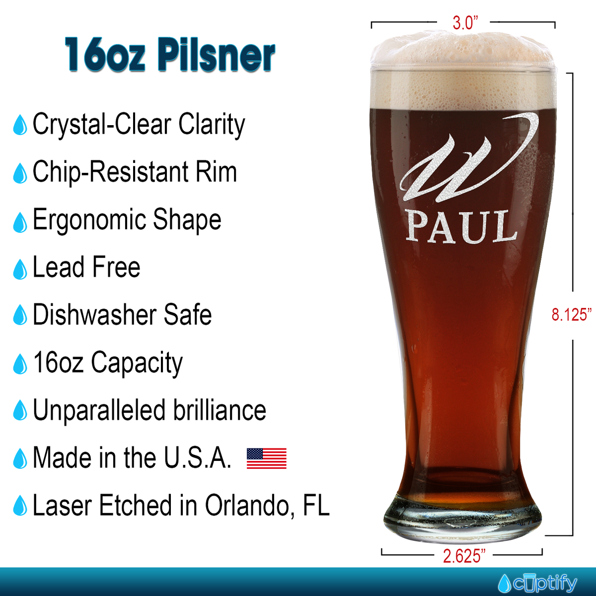 Personalized Script Monogram Initial and Name Etched 16 oz Beer Pilsner Glass
