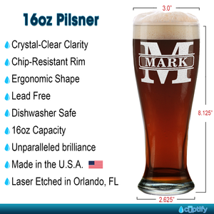 Personalized Vintage Block Etched 16 oz Beer Pilsner Glass