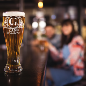 Personalized Elaborate Circle Monogram Etched 16 oz Beer Pilsner Glass