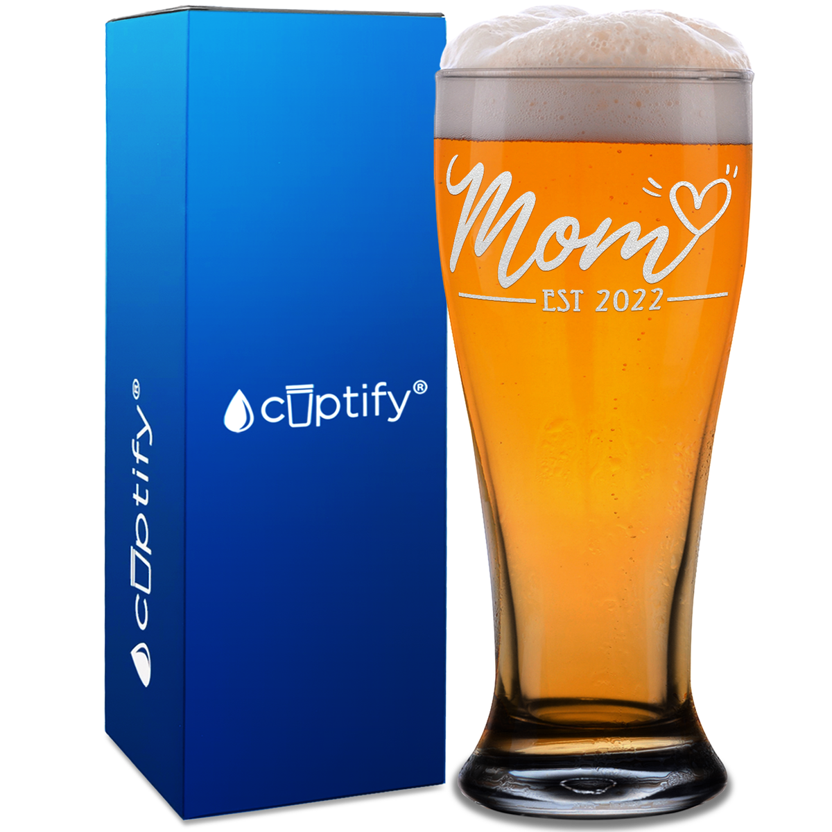 Mom Heart Est. 2022 Etched on 16 oz Glass Pilsner