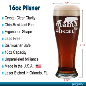 Mama Bear Etched on 16 oz Glass Pilsner