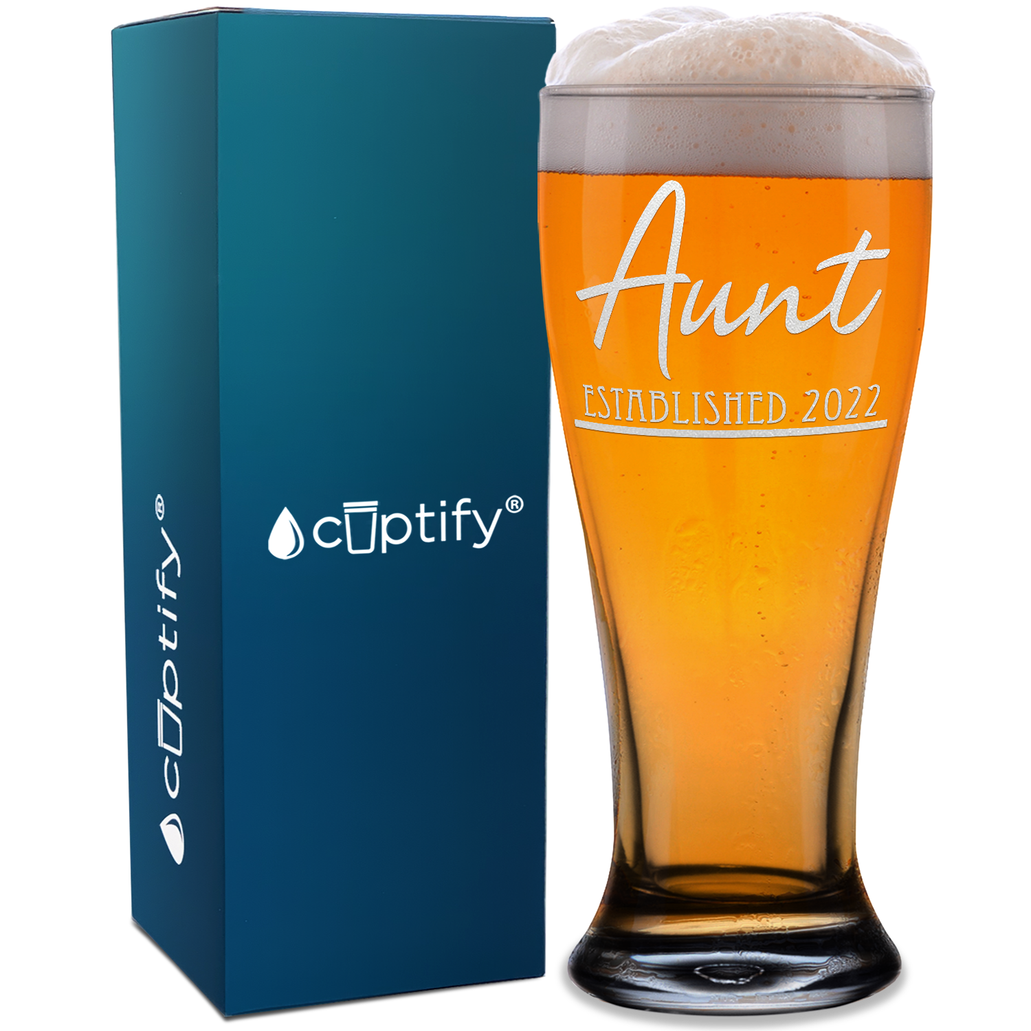 Aunt Established 2022 Etched on 16 oz Glass Pilsner