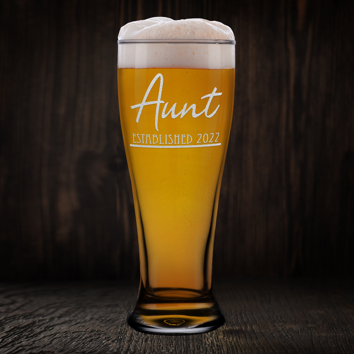 Aunt Established 2022 Etched on 16 oz Glass Pilsner