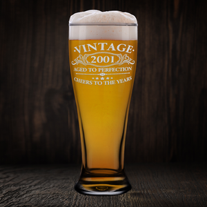 Vintage Aged To Perfection Cheers To 21 Years 2001 Etched on 16oz Glass Pilsner