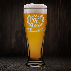Personalized Monogram Initial and Name with Laurels Etched 16 oz Beer Pilsner Glass