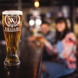 Personalized Monogram Initial and Name with Laurels Etched 16 oz Beer Pilsner Glass