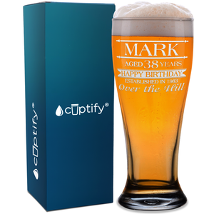 Personalized Name Year and Age Classic Happy Birthday Over The Hill Etched 16 oz Beer Pilsner Glass