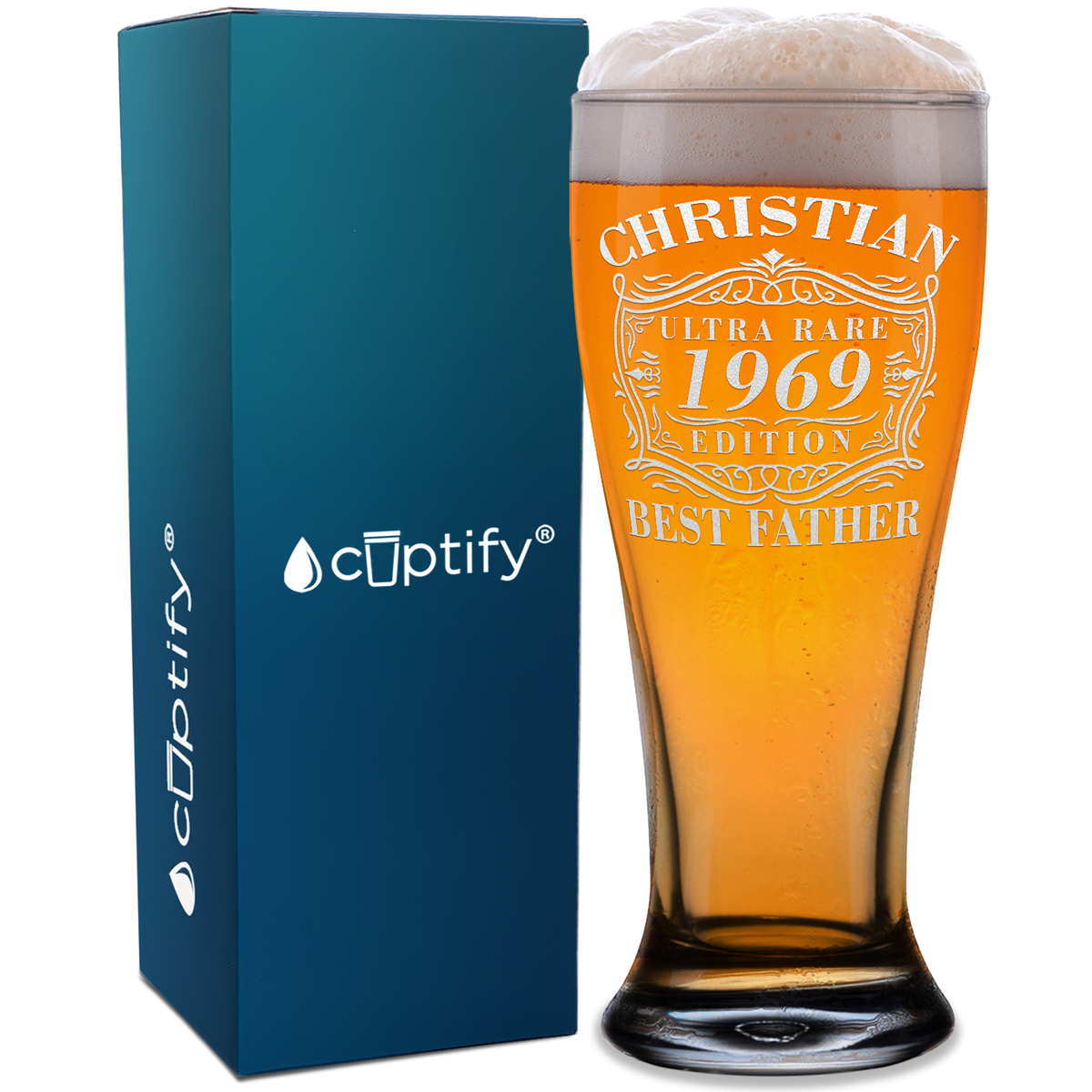 Personalized Year Ultra Rare Edition Best Father Etched 16 oz Beer Pilsner Glass