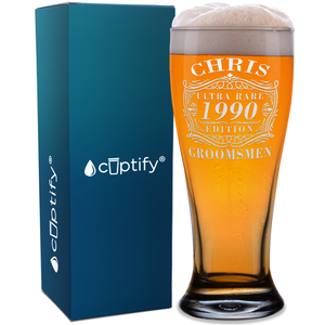 Personalized Ultra Rare Edition Groomsmen Etched 16 oz Beer Pilsner Glass