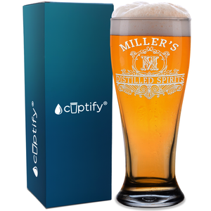 Personalized Distilled Spirits Surname and Initial Etched 16 oz Beer Pilsner Glass
