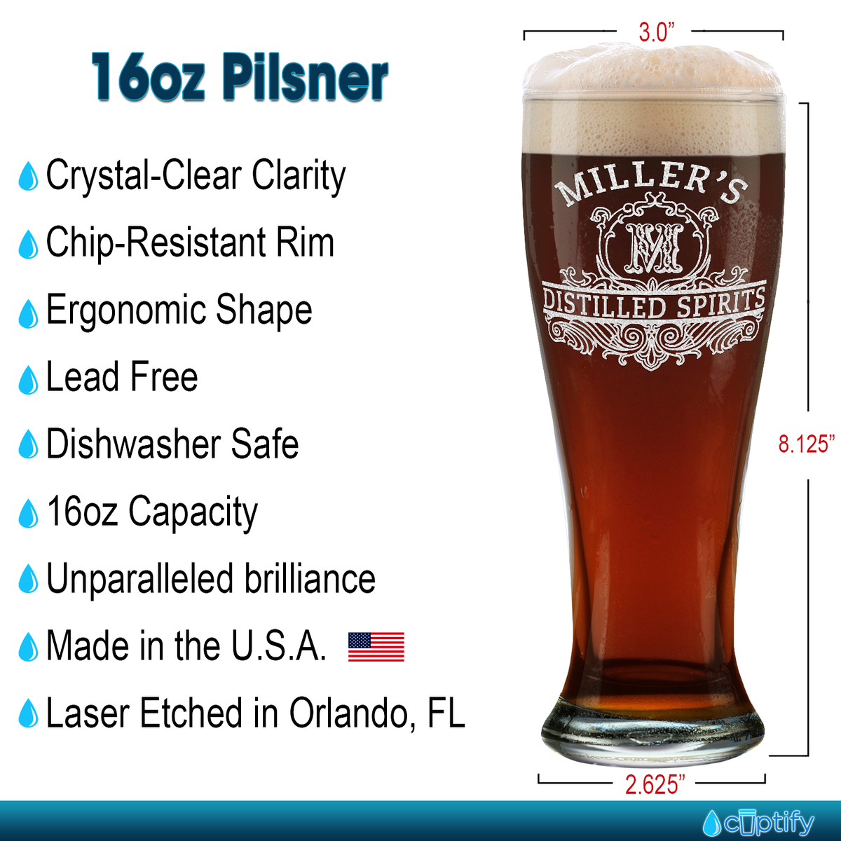 Personalized Distilled Spirits Surname and Initial Etched 16 oz Beer Pilsner Glass