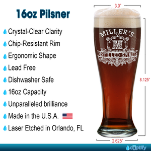 Personalized Distilled Spirits Surname and Initial Etched 16 oz Beer Pilsner Glass