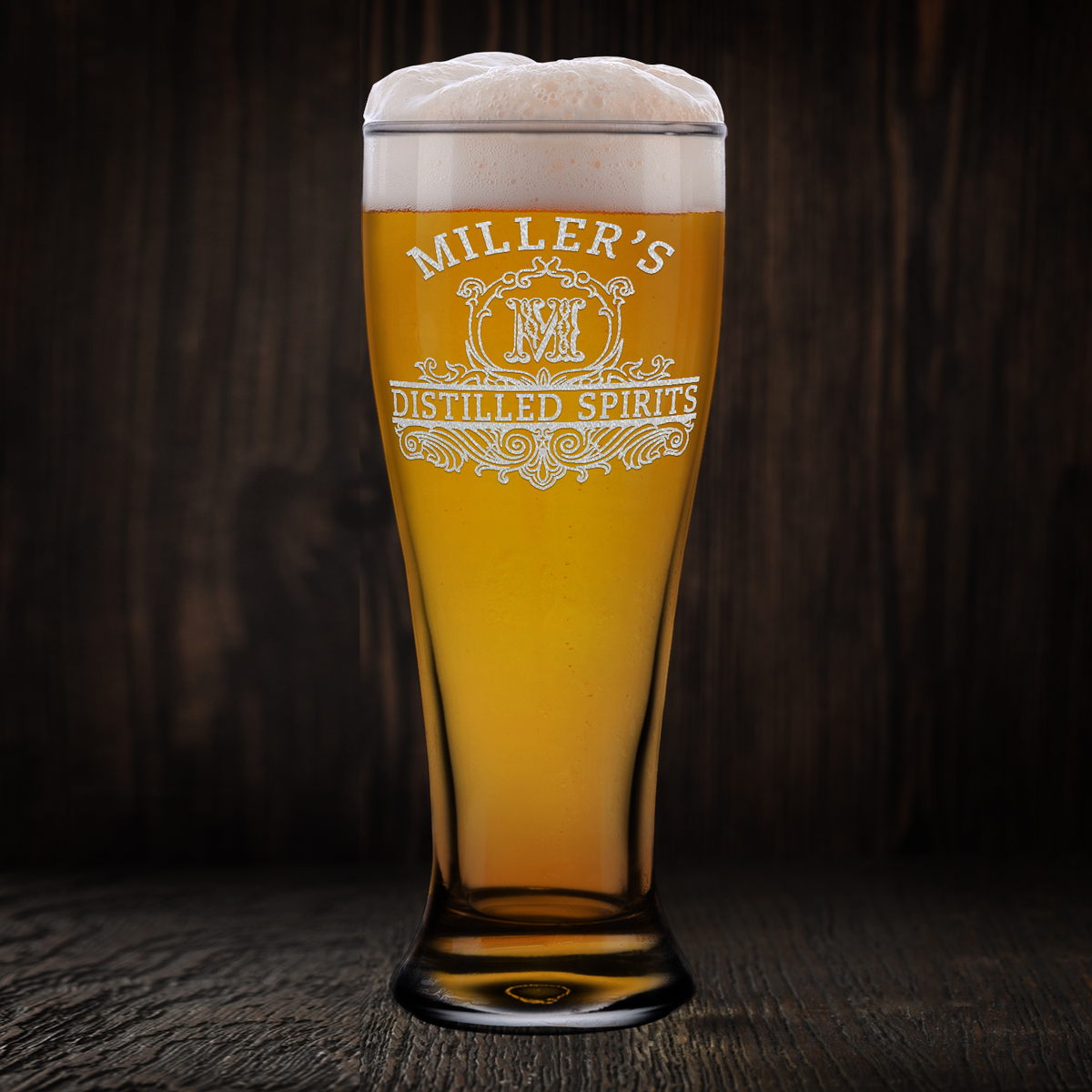 Personalized Distilled Spirits Surname and Initial Etched 16 oz Beer Pilsner Glass
