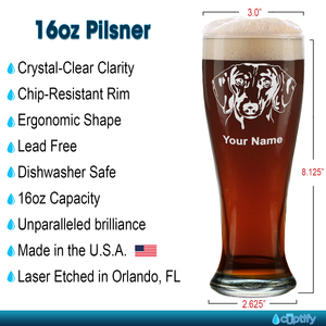 Personalized Dachshund Head Etched 16 oz Beer Pilsner Glass