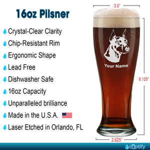 Personalized Doberman Pinscher Head Etched 16 oz Beer Pilsner Glass