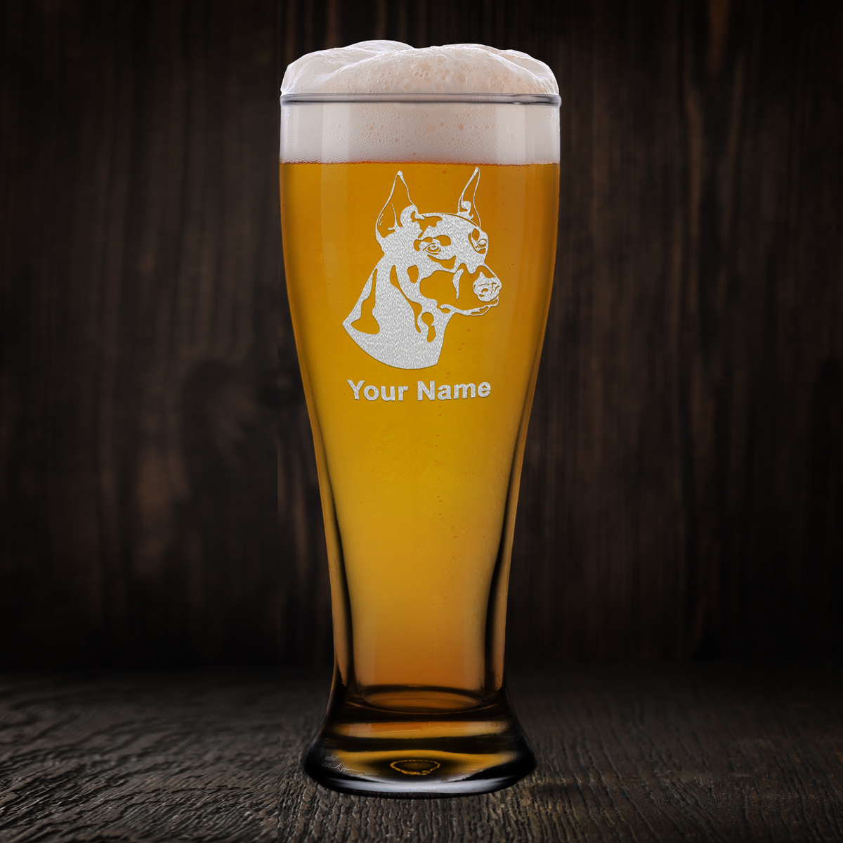 Personalized Doberman Pinscher Head Etched 16 oz Beer Pilsner Glass