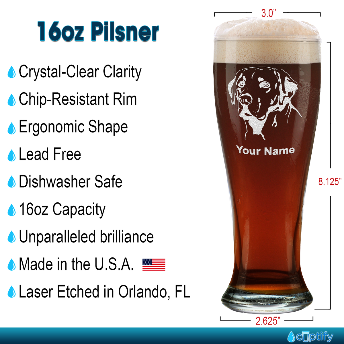 Personalized Labrador Head Etched 16 oz Beer Pilsner Glass