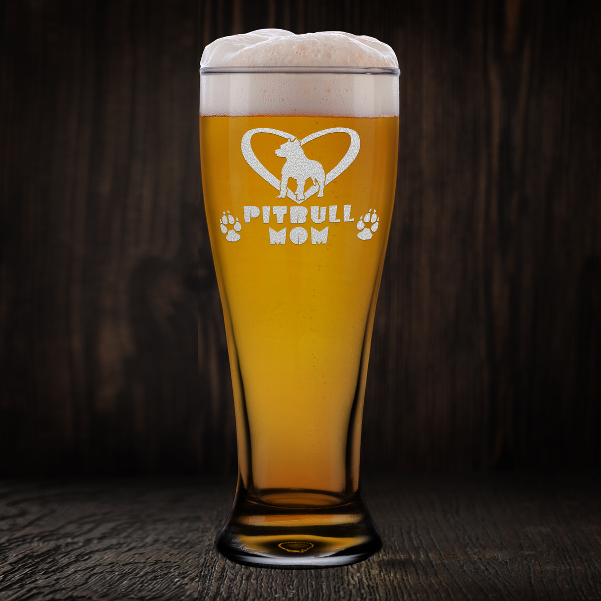 Pitbull Mom Etched on 16 oz Glass Pilsner